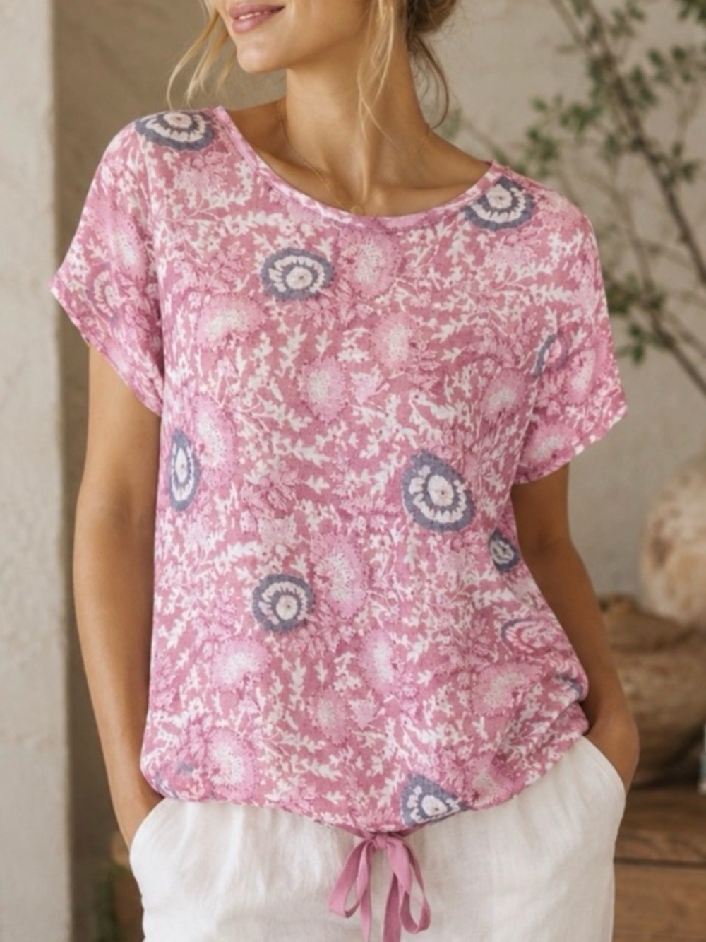 Sundance 100% Linen Floral Pink Botanical Tie Hem Top